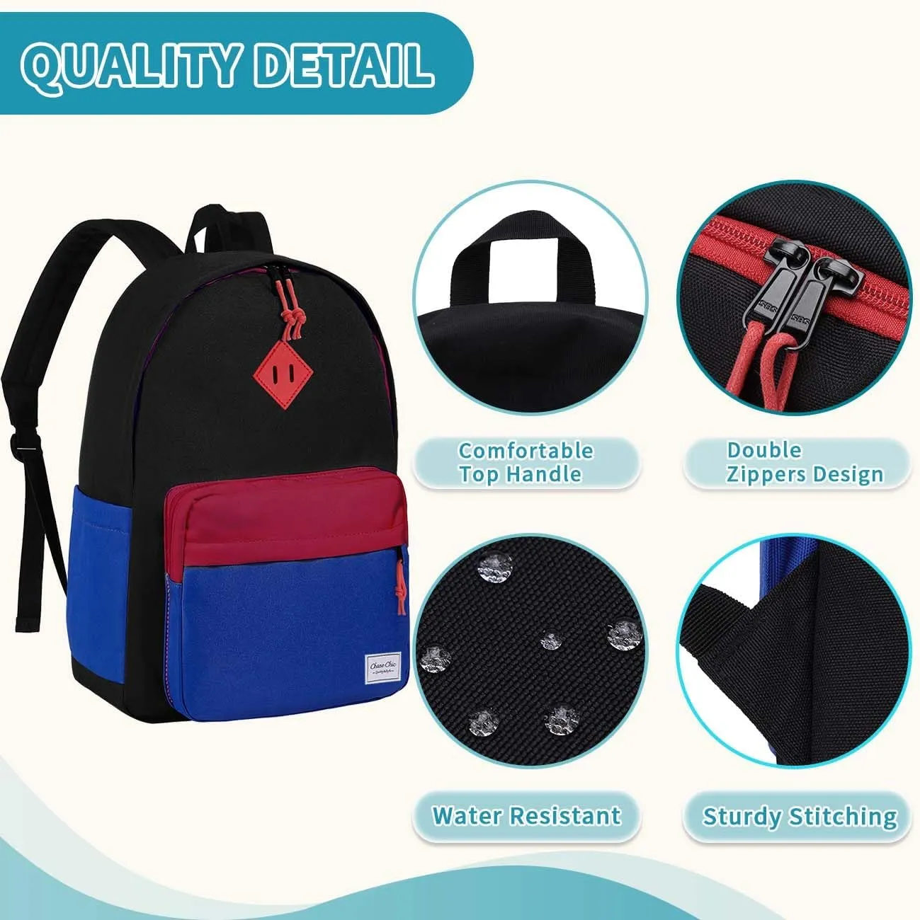 Chase Chic Kids Backpack for Girls - 17 inch School Backpacks for Toddler Fits 6 to 12 Years Old - Lightweight Water Resistant Preschool Bookbag for Travel Daycare (Black Blue)