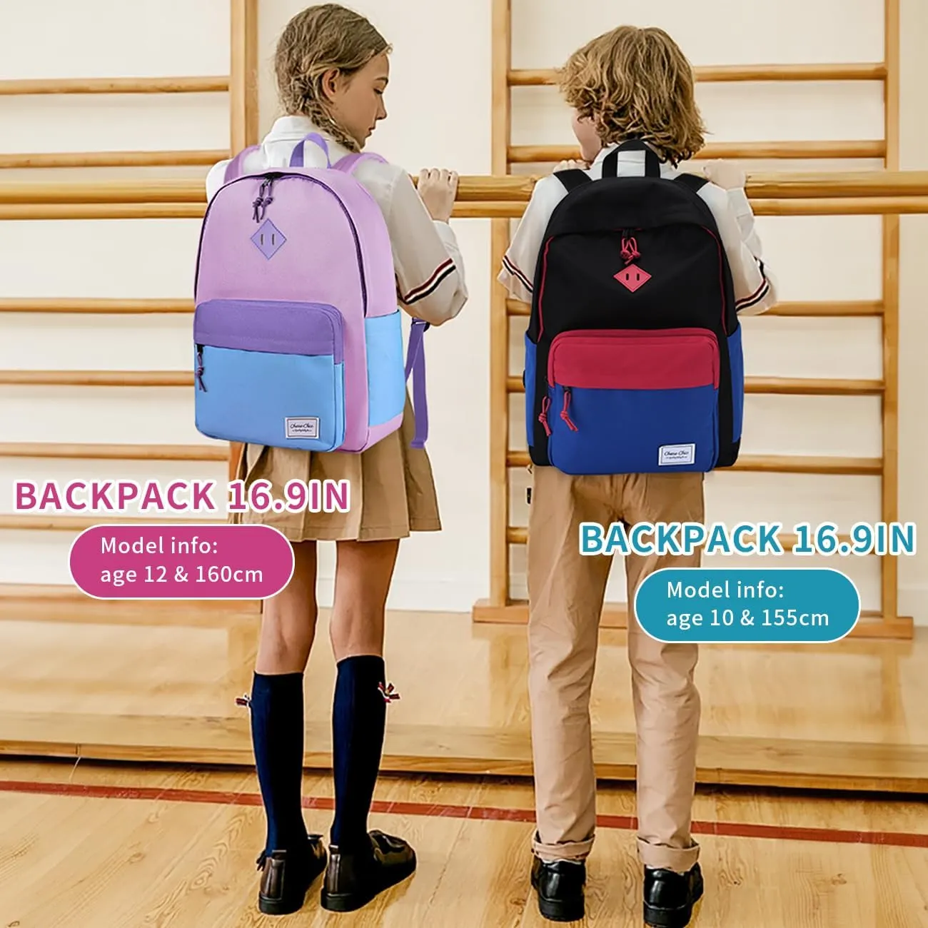 Chase Chic Kids Backpack for Girls - 17 inch School Backpacks for Toddler Fits 6 to 12 Years Old - Lightweight Water Resistant Preschool Bookbag for Travel Daycare (Black Blue)