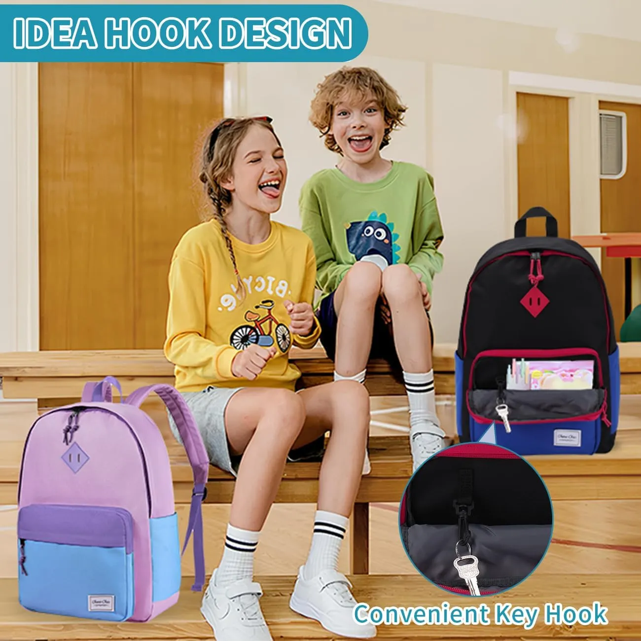 Chase Chic Kids Backpack for Girls - 17 inch School Backpacks for Toddler Fits 6 to 12 Years Old - Lightweight Water Resistant Preschool Bookbag for Travel Daycare (Black Blue)
