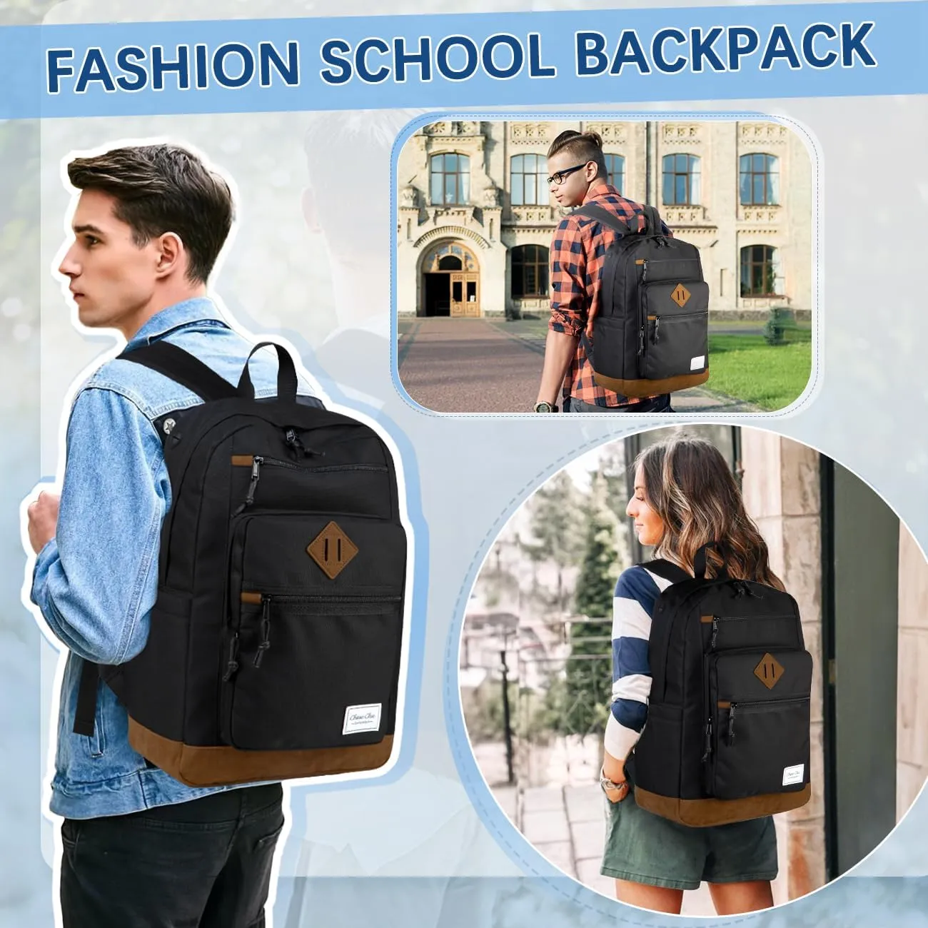 Chase Chic School Backpack for Men Women,Water Resistant Bookbag/Schoolbag/Daypack for Teen Boys Girls High School,College,Work,Travel Black
