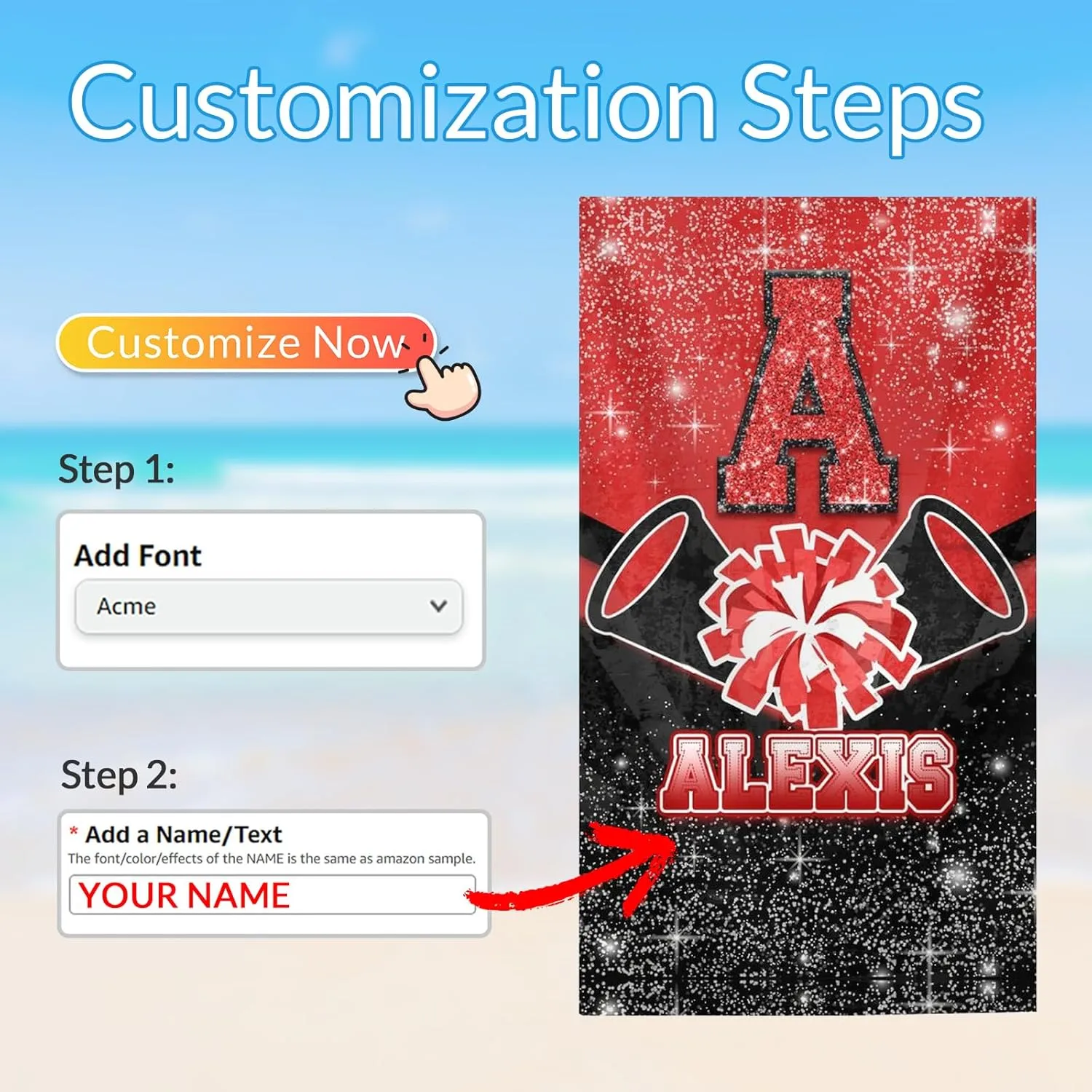 Cheer Beach Towel for Kids Girls Boys Men Women, 40”x70” Microfiber Lightweight Sandproof Personalized Initial Name Towels for Beach Travel Swimming Camping Gym, Custom Beach Essential