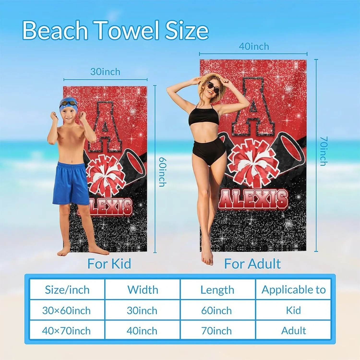 Cheer Beach Towel for Kids Girls Boys Men Women, 40”x70” Microfiber Lightweight Sandproof Personalized Initial Name Towels for Beach Travel Swimming Camping Gym, Custom Beach Essential