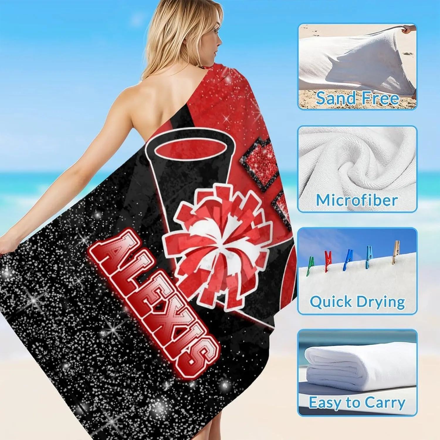 Cheer Beach Towel for Kids Girls Boys Men Women, 40”x70” Microfiber Lightweight Sandproof Personalized Initial Name Towels for Beach Travel Swimming Camping Gym, Custom Beach Essential