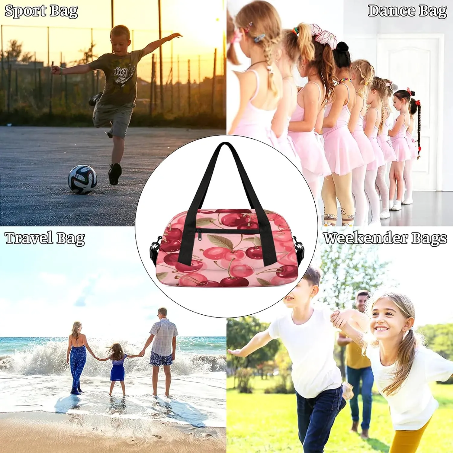 Cherry Cherries Pattern Kids Duffel Bag Lightweight Waterproof Sports Gym Bag with Front Zipper Pocket Foldable Weekender Overnight Bag for School Practice Gymnastic Ballet