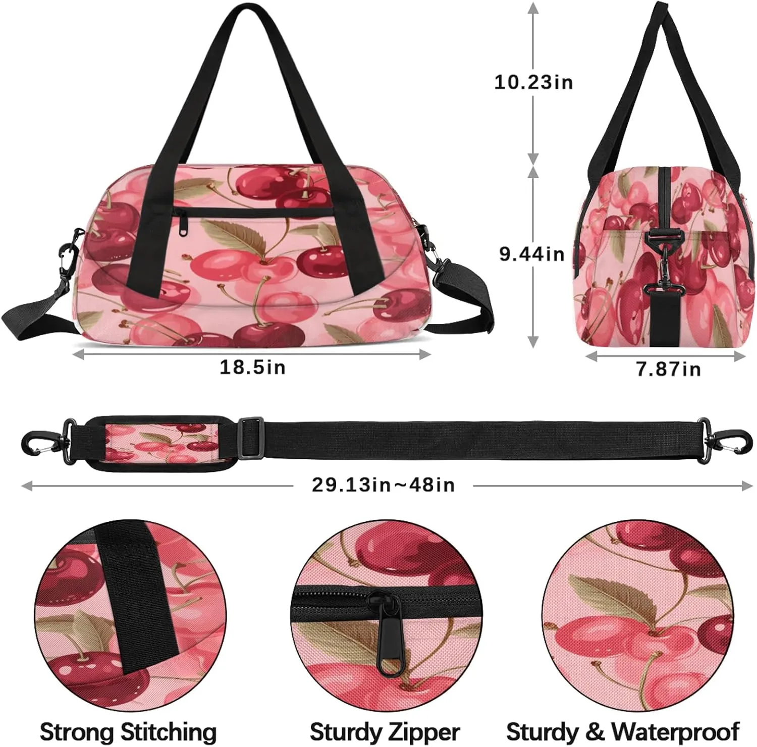 Cherry Cherries Pattern Kids Duffel Bag Lightweight Waterproof Sports Gym Bag with Front Zipper Pocket Foldable Weekender Overnight Bag for School Practice Gymnastic Ballet