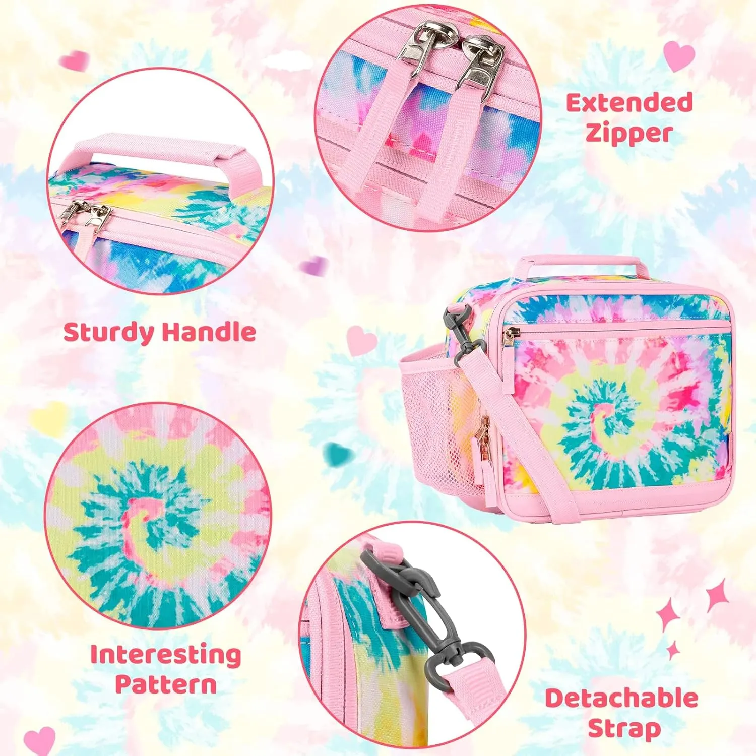 Choco Mocha Tie Dye Kids Lunch Box for Girls Lunch Boxes for School Lunch Bag for Girls with Shoulder Strap for Toddler Preschool Kindergarten kids Pink