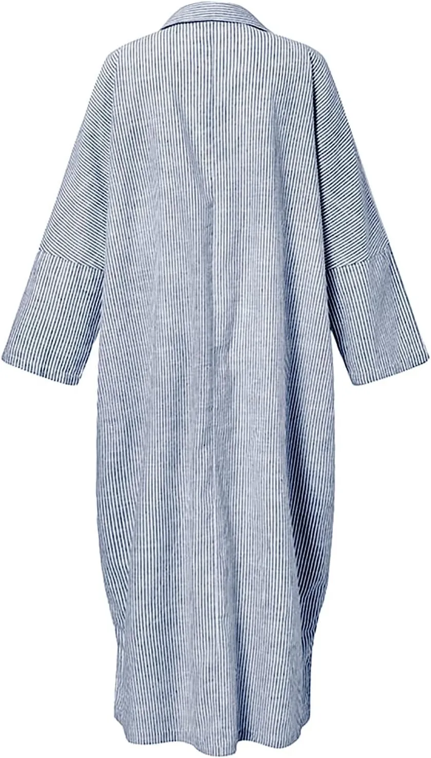 chouyatou Women's Casual Long Sleeve Button Down Loose Striped Cotton Maxi Shirt Dress