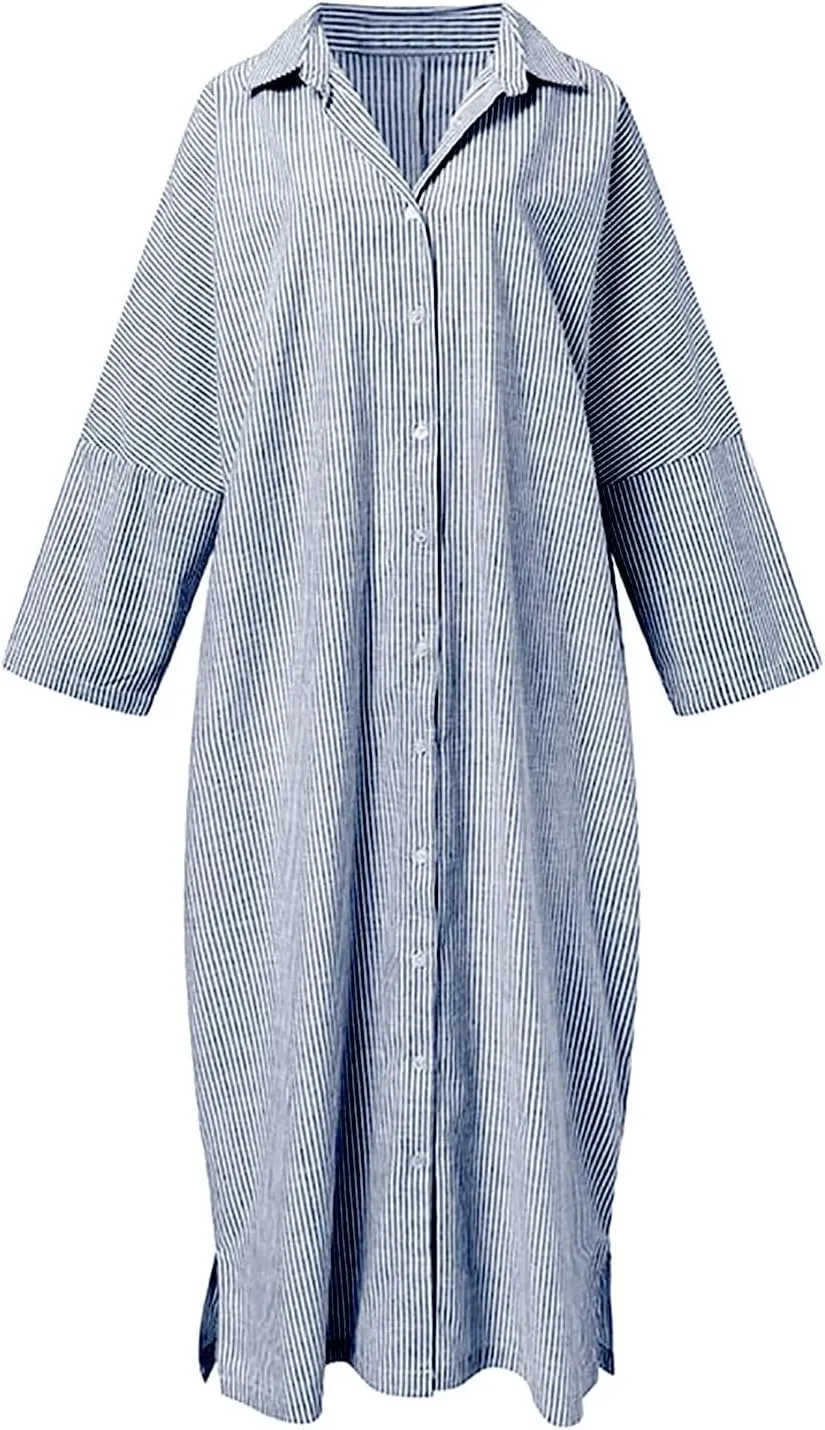 chouyatou Women's Casual Long Sleeve Button Down Loose Striped Cotton Maxi Shirt Dress