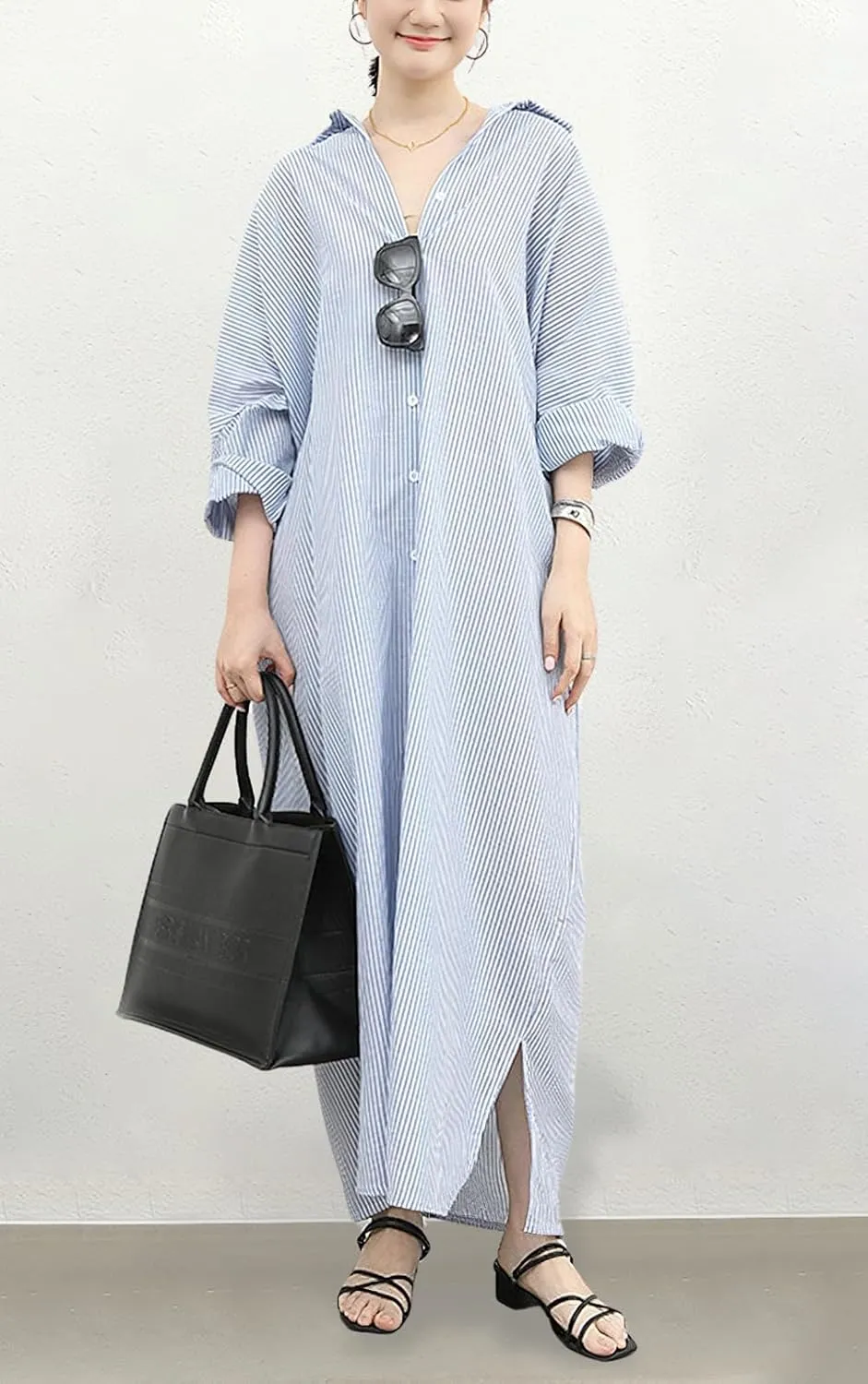 chouyatou Women's Casual Long Sleeve Button Down Loose Striped Cotton Maxi Shirt Dress