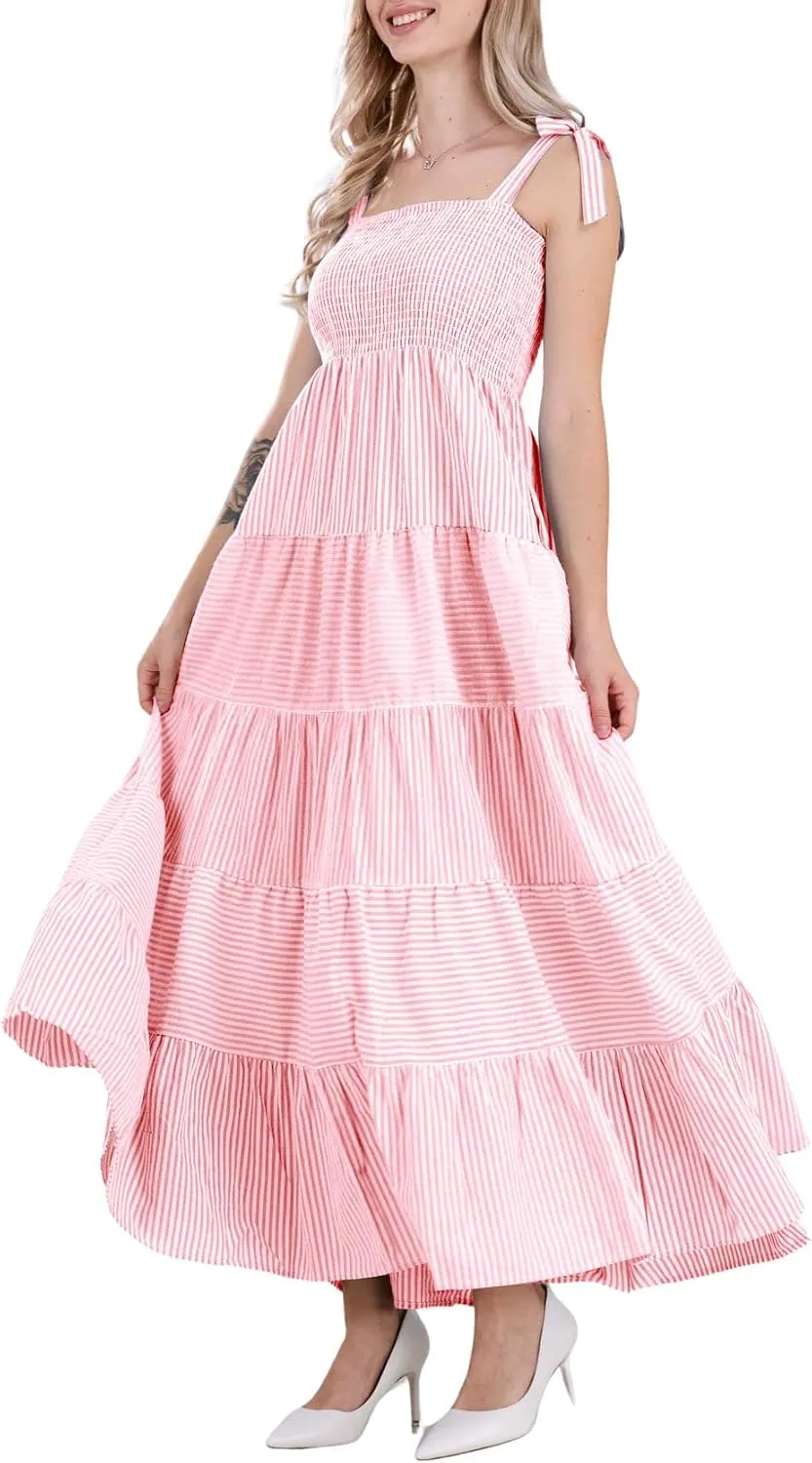 chouyatou Women's Color Block Striped Smocked Maxi Dress Sexy Spaghetti Strap Tiered Flowy Beach Maxi Dress