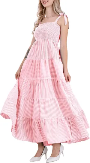 chouyatou Women's Color Block Striped Smocked Maxi Dress Sexy Spaghetti Strap Tiered Flowy Beach Maxi Dress