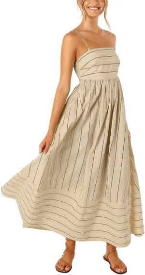 chouyatou Women's Striped Back Smocked Maxi Dress Sexy Spaghetti Strap Cut Out Flowy Swing Long Dress