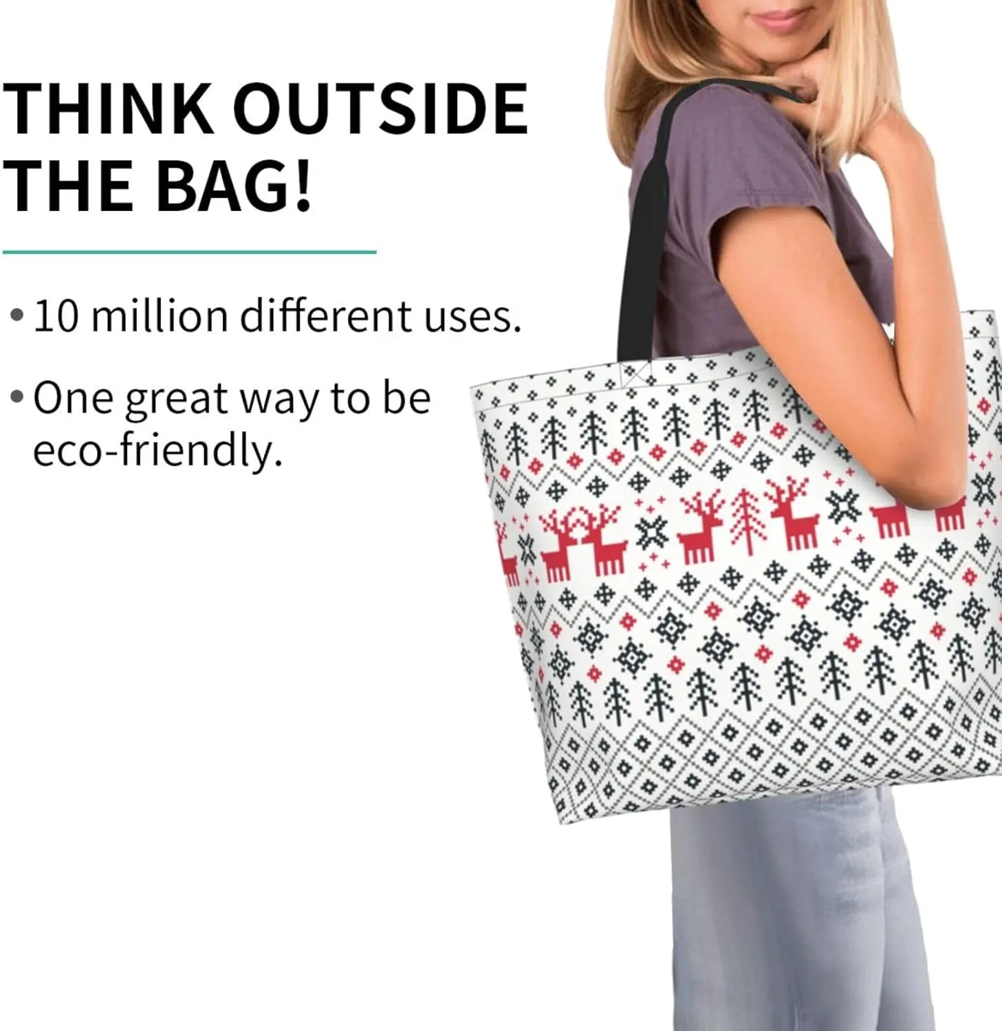 Christmas Bag, Red Christmas Snowflakes Reusable Grocery Bags, Xmas Tote Bag for Women Men Outdoor Shopping,Travel