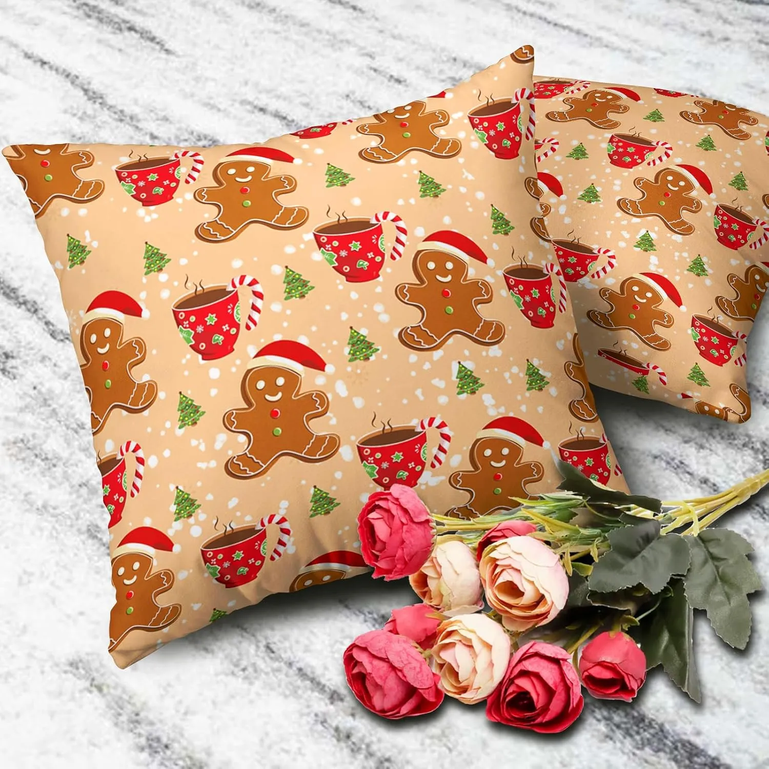 Christmas Gingerbread Man Decorative Throw Pillow Covers 18x18 Set of 2 Cute Candy Cane Hot Cocoa Xmas Tree Print Pillow Cases Orange Christmas Pillowcases Winter Holiday Decor for Home Couch