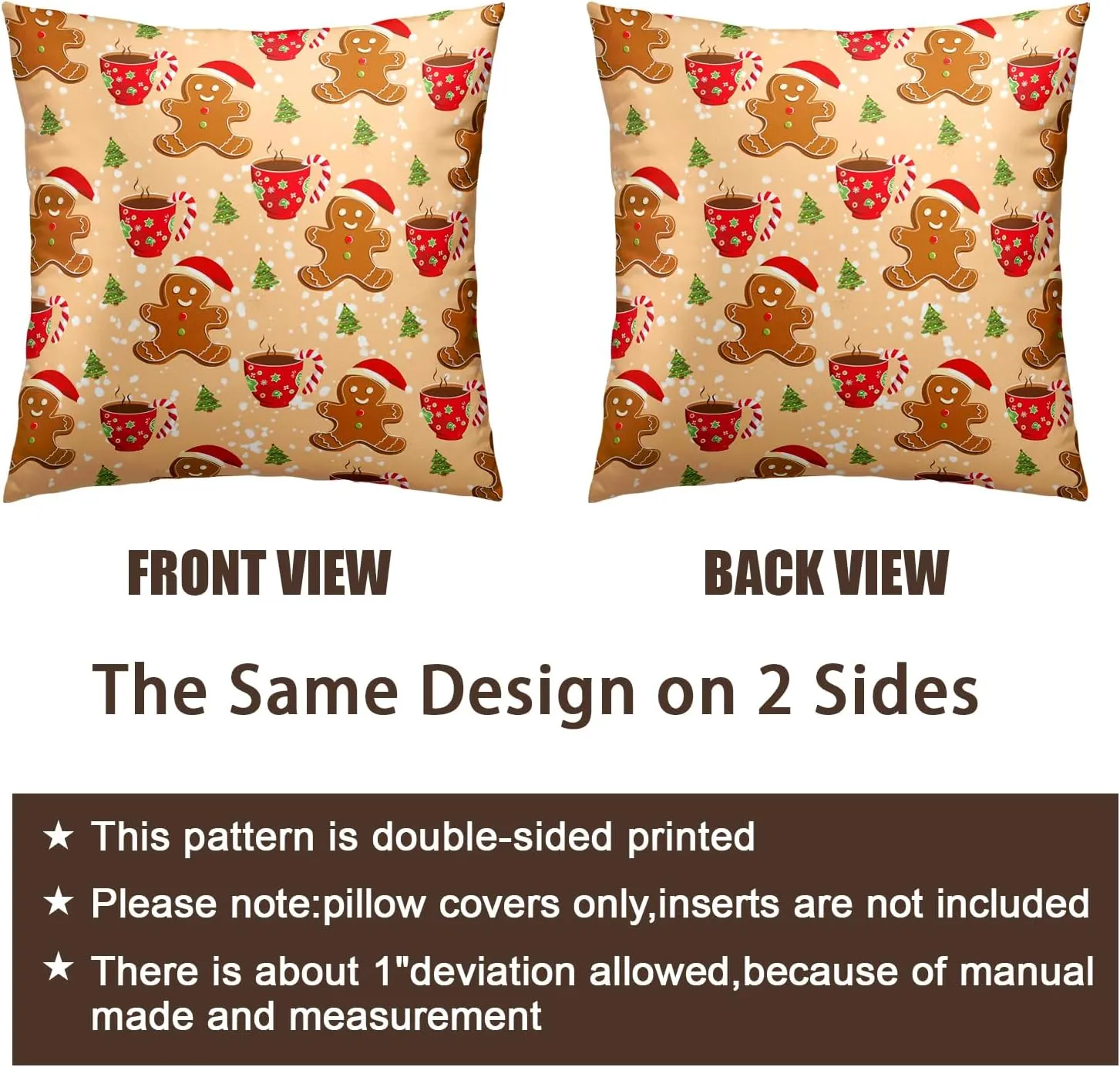 Christmas Gingerbread Man Decorative Throw Pillow Covers 18x18 Set of 2 Cute Candy Cane Hot Cocoa Xmas Tree Print Pillow Cases Orange Christmas Pillowcases Winter Holiday Decor for Home Couch