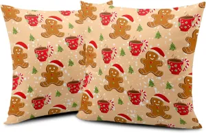Christmas Gingerbread Man Decorative Throw Pillow Covers 18x18 Set of 2 Cute Candy Cane Hot Cocoa Xmas Tree Print Pillow Cases Orange Christmas Pillowcases Winter Holiday Decor for Home Couch
