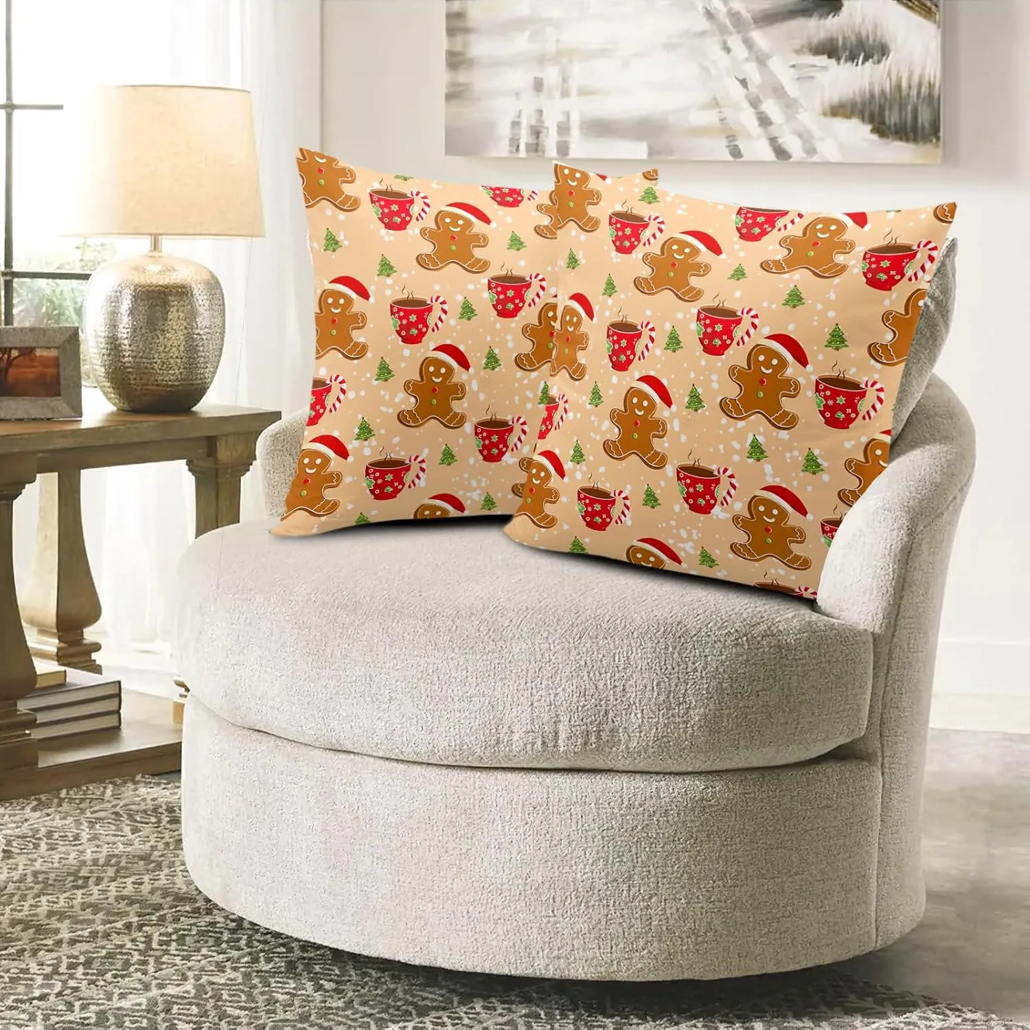 Christmas Gingerbread Man Decorative Throw Pillow Covers 18x18 Set of 2 Cute Candy Cane Hot Cocoa Xmas Tree Print Pillow Cases Orange Christmas Pillowcases Winter Holiday Decor for Home Couch