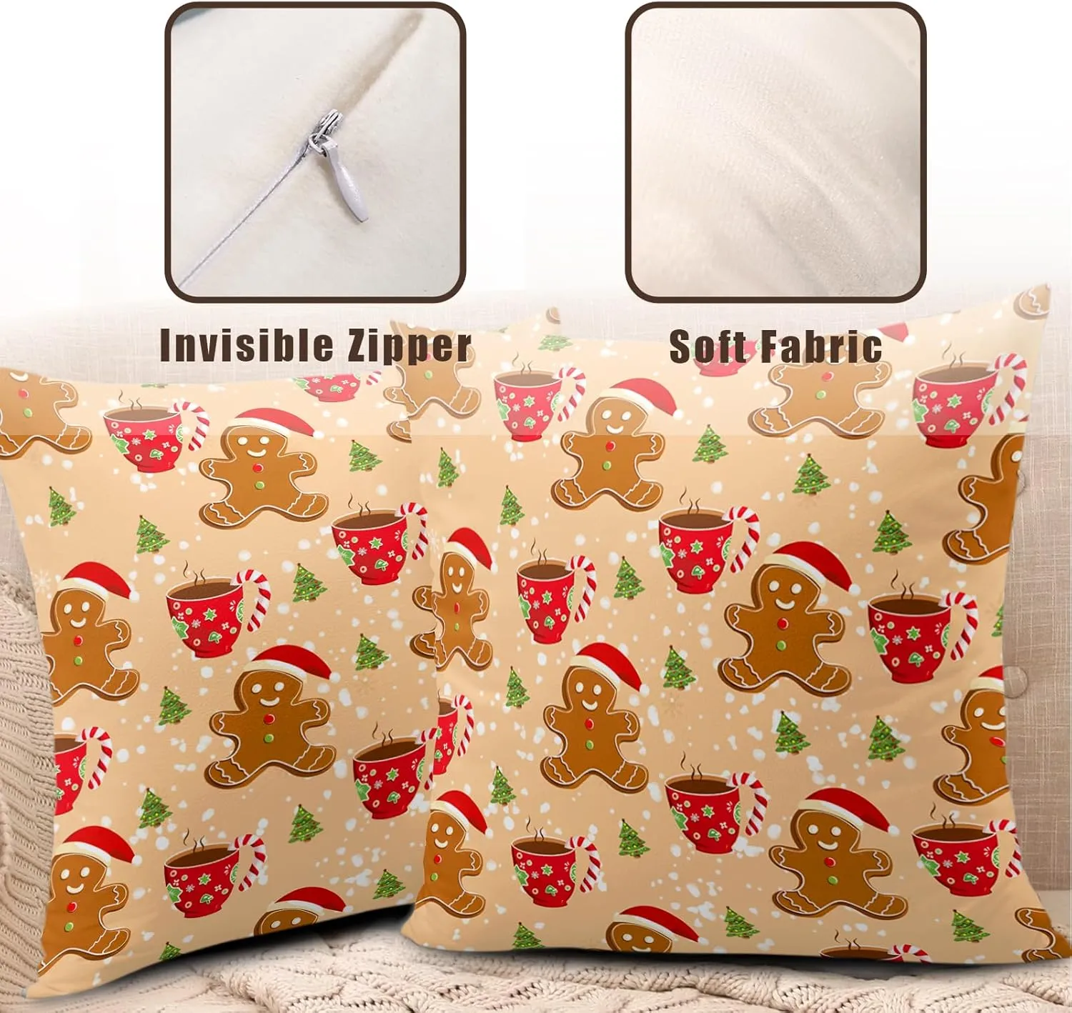 Christmas Gingerbread Man Decorative Throw Pillow Covers 18x18 Set of 2 Cute Candy Cane Hot Cocoa Xmas Tree Print Pillow Cases Orange Christmas Pillowcases Winter Holiday Decor for Home Couch