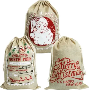 Christmas Sacks. 15.7“ X 22‘’ Large Christmas Burlap Sacks. Xmas Hessian Linen Drawstring Goody Gift Bags. Pack of 3.