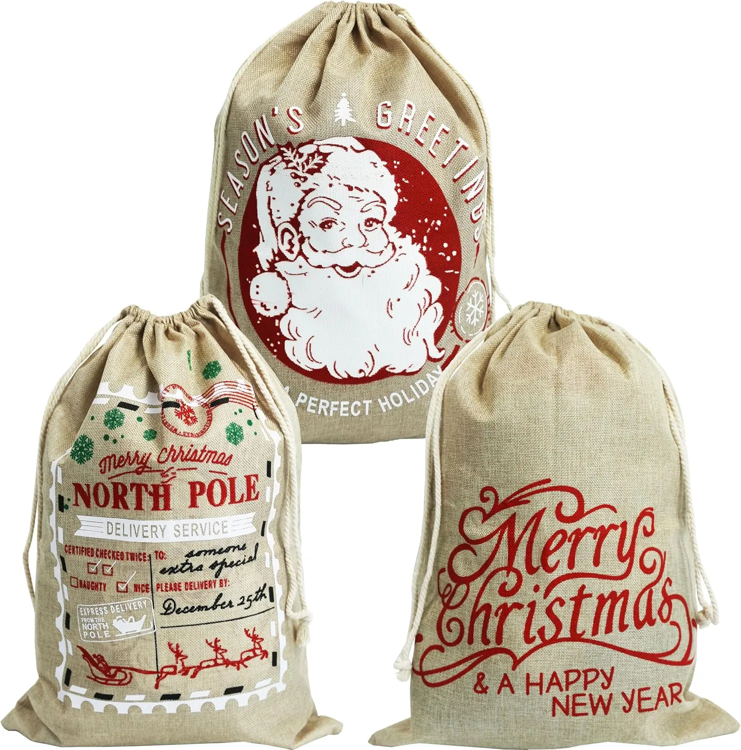 Christmas Sacks. 15.7“ X 22‘’ Large Christmas Burlap Sacks. Xmas Hessian Linen Drawstring Goody Gift Bags. Pack of 3.