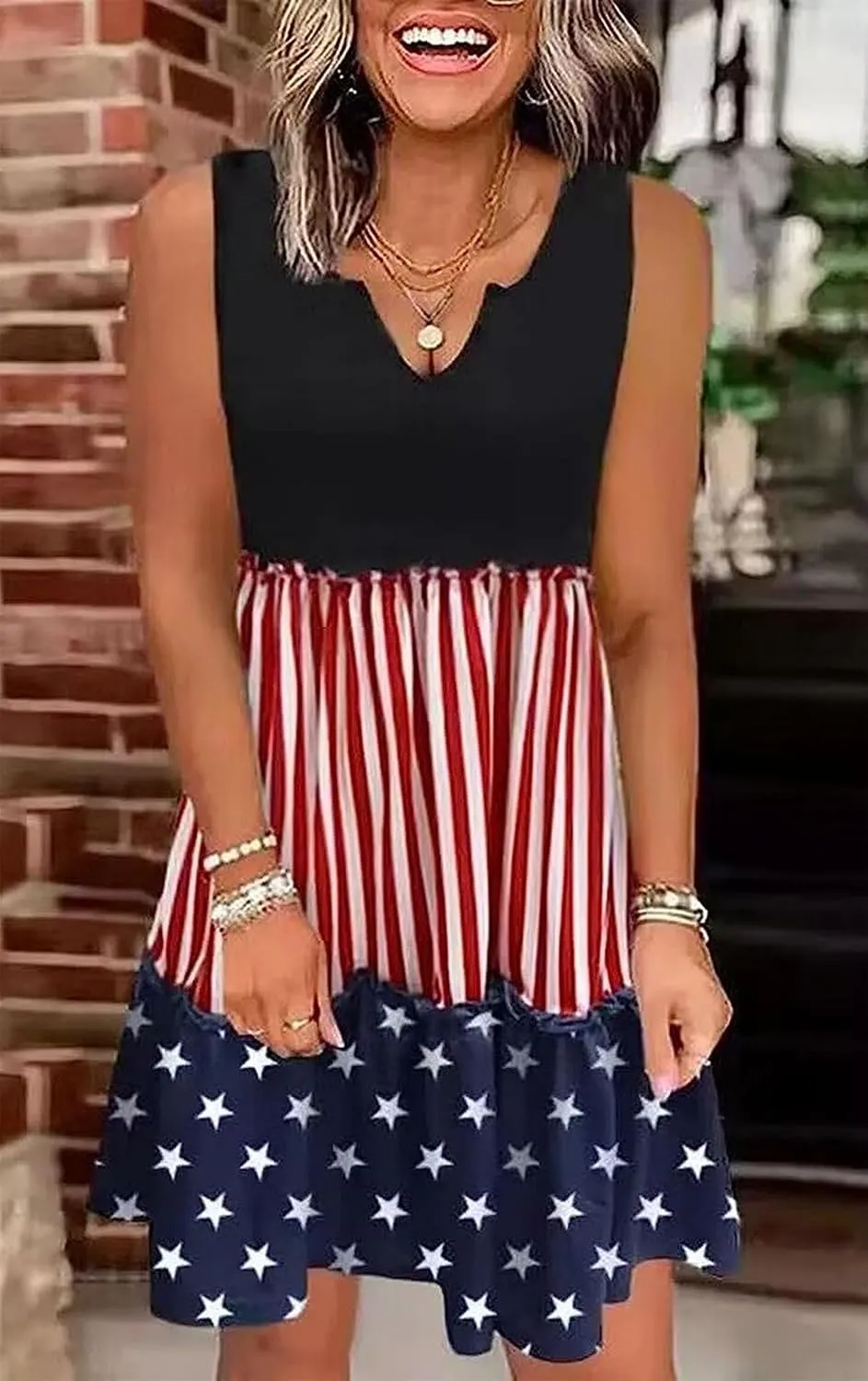 CHUNTIANRAN American Flag Star Vertical Striped Ruffled Mini Dress Women 4th of July Patriotic Dresses Casual Tank Dress