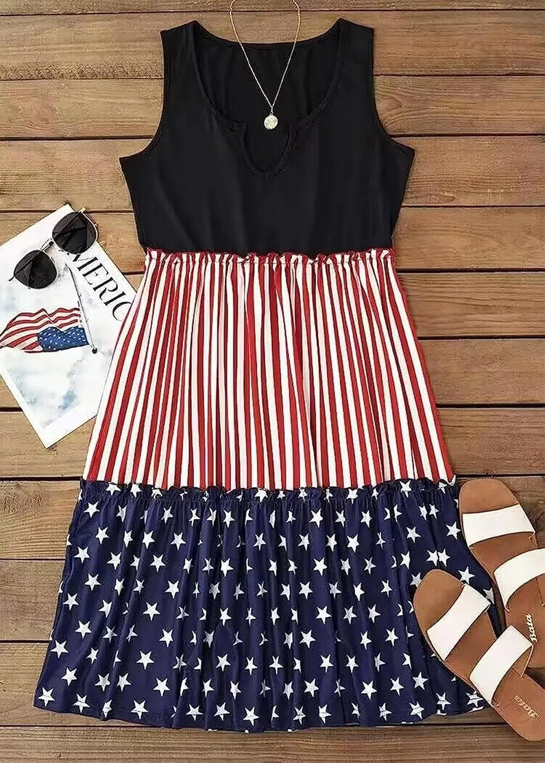 CHUNTIANRAN American Flag Star Vertical Striped Ruffled Mini Dress Women 4th of July Patriotic Dresses Casual Tank Dress