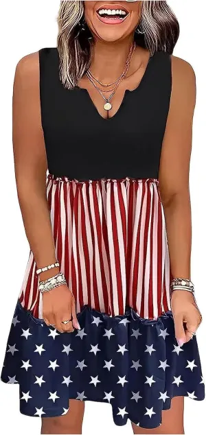 CHUNTIANRAN American Flag Star Vertical Striped Ruffled Mini Dress Women 4th of July Patriotic Dresses Casual Tank Dress