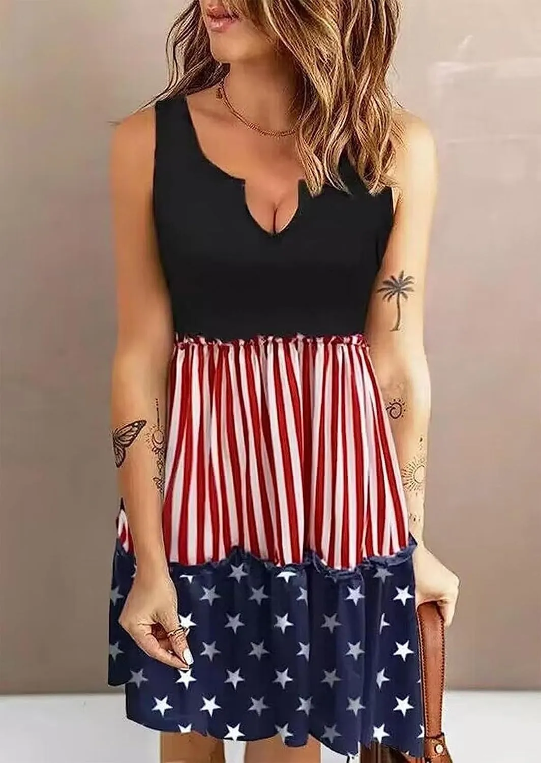 CHUNTIANRAN American Flag Star Vertical Striped Ruffled Mini Dress Women 4th of July Patriotic Dresses Casual Tank Dress
