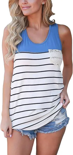 Chvity Women's Crochet Pocket Color Block Sleeveless T-Shirts Racerback Tank Tops