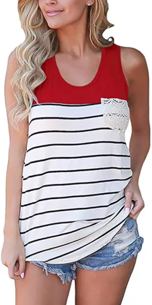 Chvity Women's Crochet Pocket Color Block Sleeveless T-Shirts Racerback Tank Tops