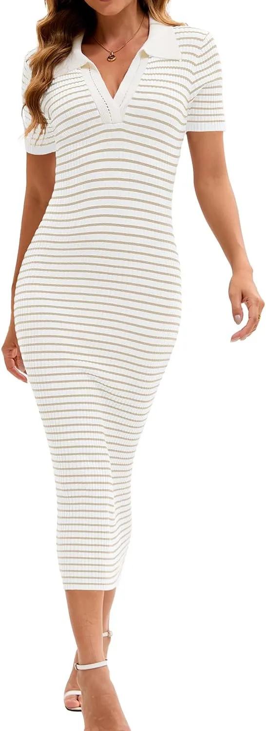 Cioatin Women Short Sleeve Striped Knit Bodycon Midi Dresses Polo Collar V Neck Long Maxi Dress Slim Fit Formal Party
