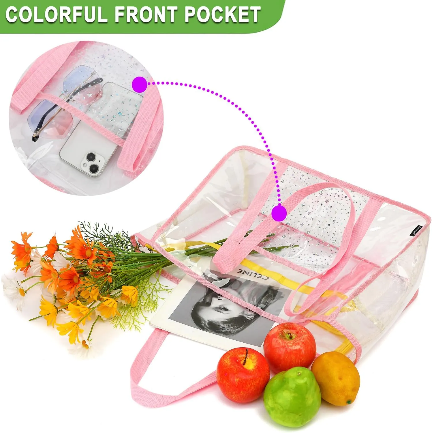 Clear Beach Bag for Women, Large Clear Tote Bag for Stadium Events - Zipper Closure, Waterproof, Sandproof