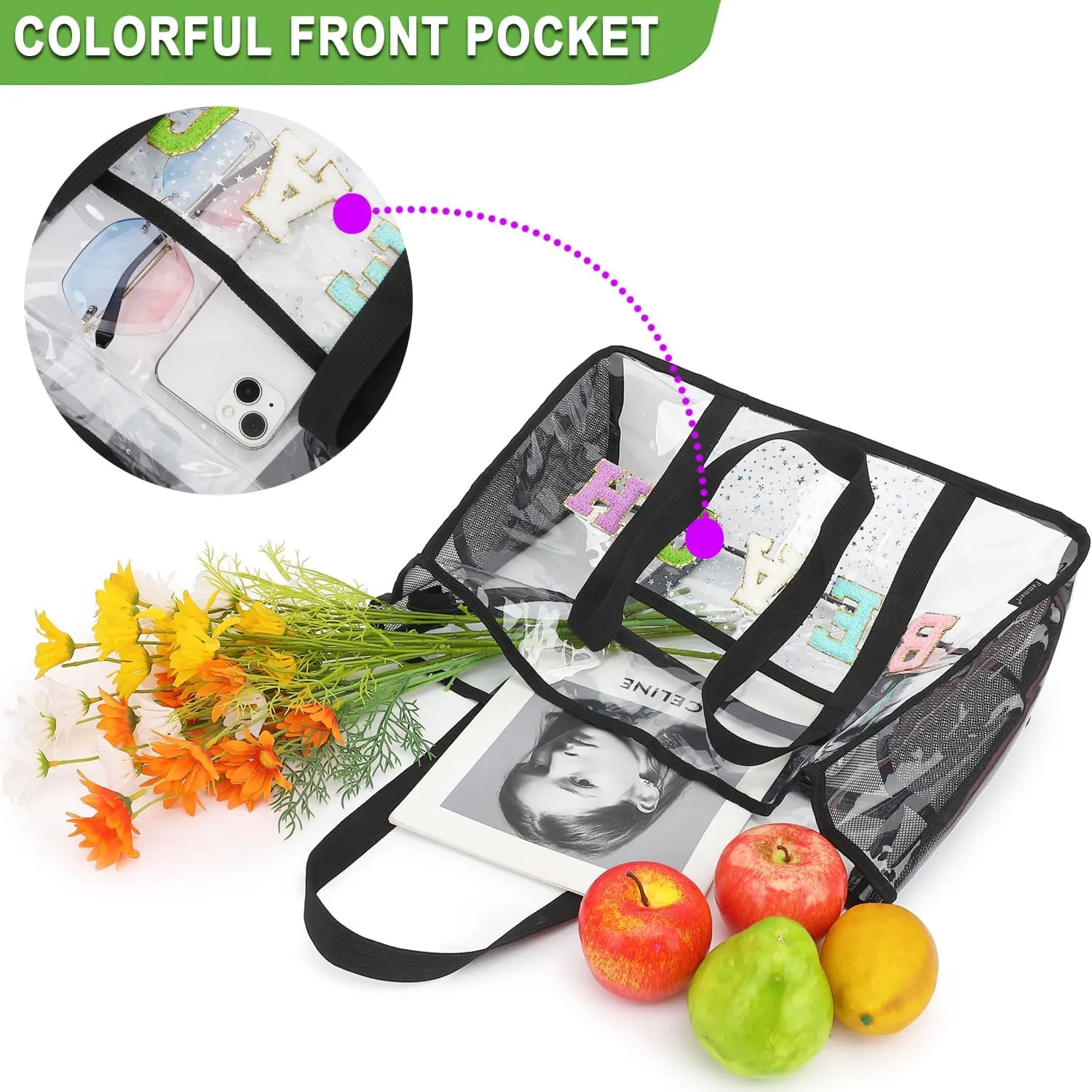 Clear Beach Bag for Women, Large Clear Tote Bag for Stadium Events - Zipper Closure, Waterproof, Sandproof