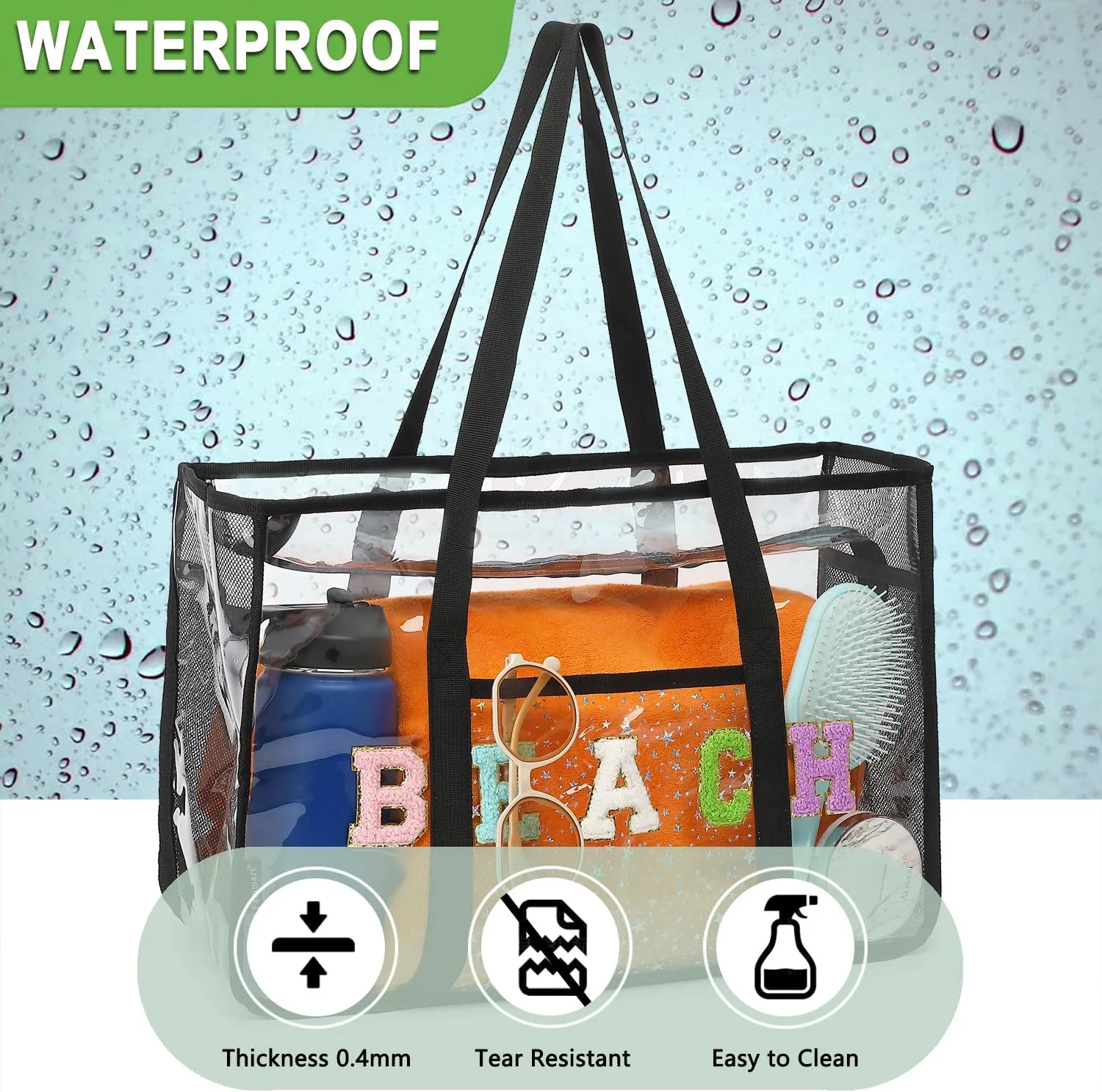 Clear Beach Bag for Women, Large Clear Tote Bag for Stadium Events - Zipper Closure, Waterproof, Sandproof