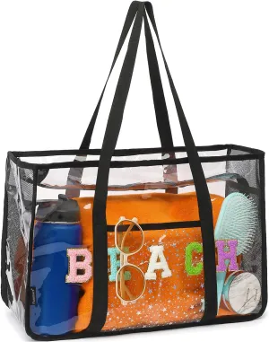 Clear Beach Bag for Women, Large Clear Tote Bag for Stadium Events - Zipper Closure, Waterproof, Sandproof