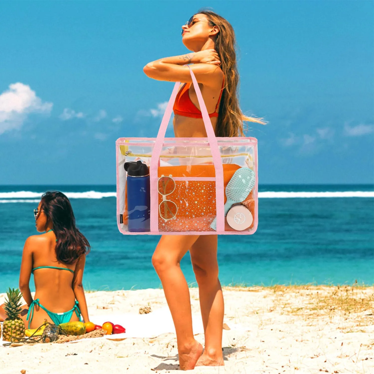 Clear Beach Bag for Women, Large Clear Tote Bag for Stadium Events - Zipper Closure, Waterproof, Sandproof
