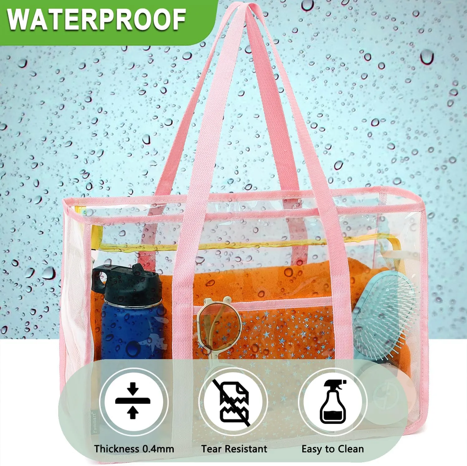Clear Beach Bag for Women, Large Clear Tote Bag for Stadium Events - Zipper Closure, Waterproof, Sandproof
