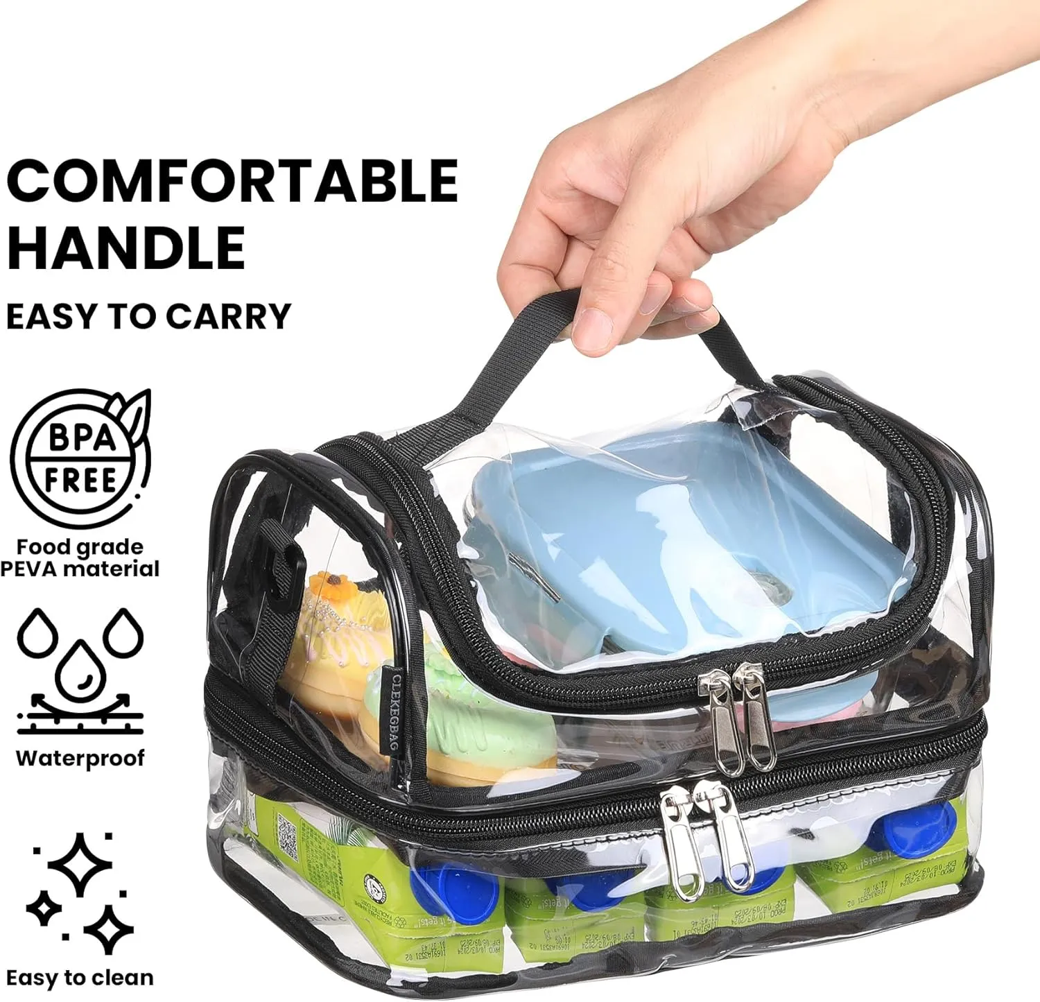 Clear Lunch Bag Reusable Tote Shoulder See Through Transparent Stadium Approved Work with Double Compartment，Men Women Black