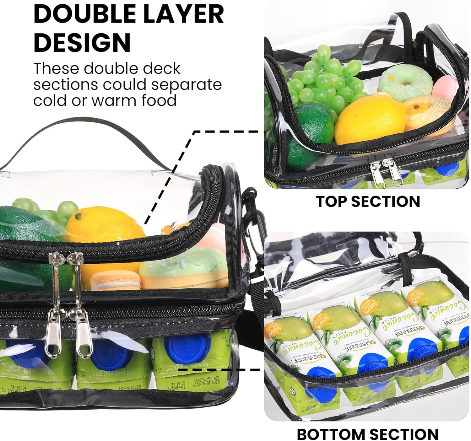 Clear Lunch Bag Reusable Tote Shoulder See Through Transparent Stadium Approved Work with Double Compartment，Men Women Black