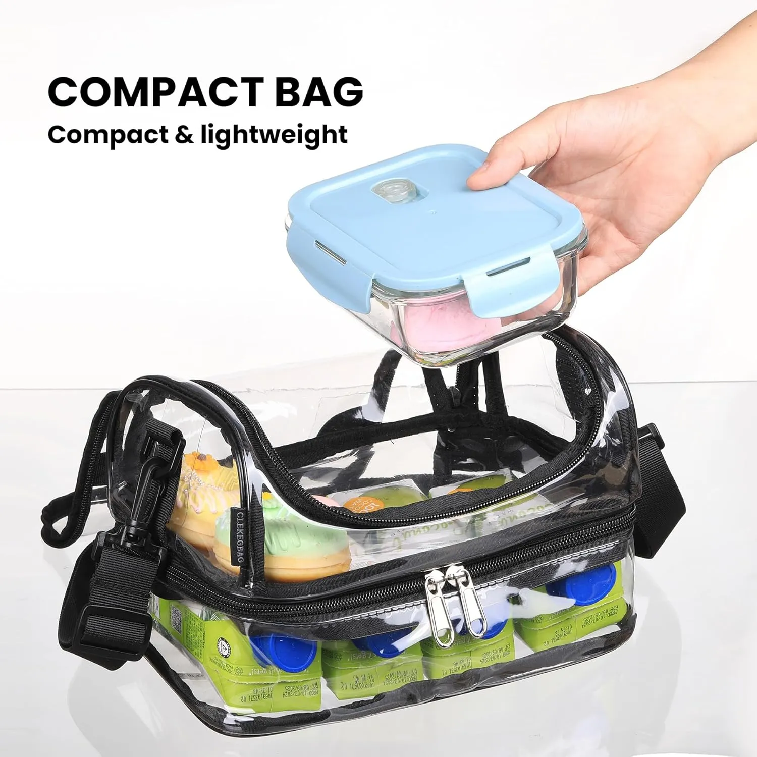 Clear Lunch Bag Reusable Tote Shoulder See Through Transparent Stadium Approved Work with Double Compartment，Men Women Black