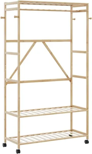 Clothes Rack with Shelves and Wheels, Spacious Storage with Adjustable Hooks and Easy Mobility, Varnished Finish, 43.3x15.7x70.9 inches
