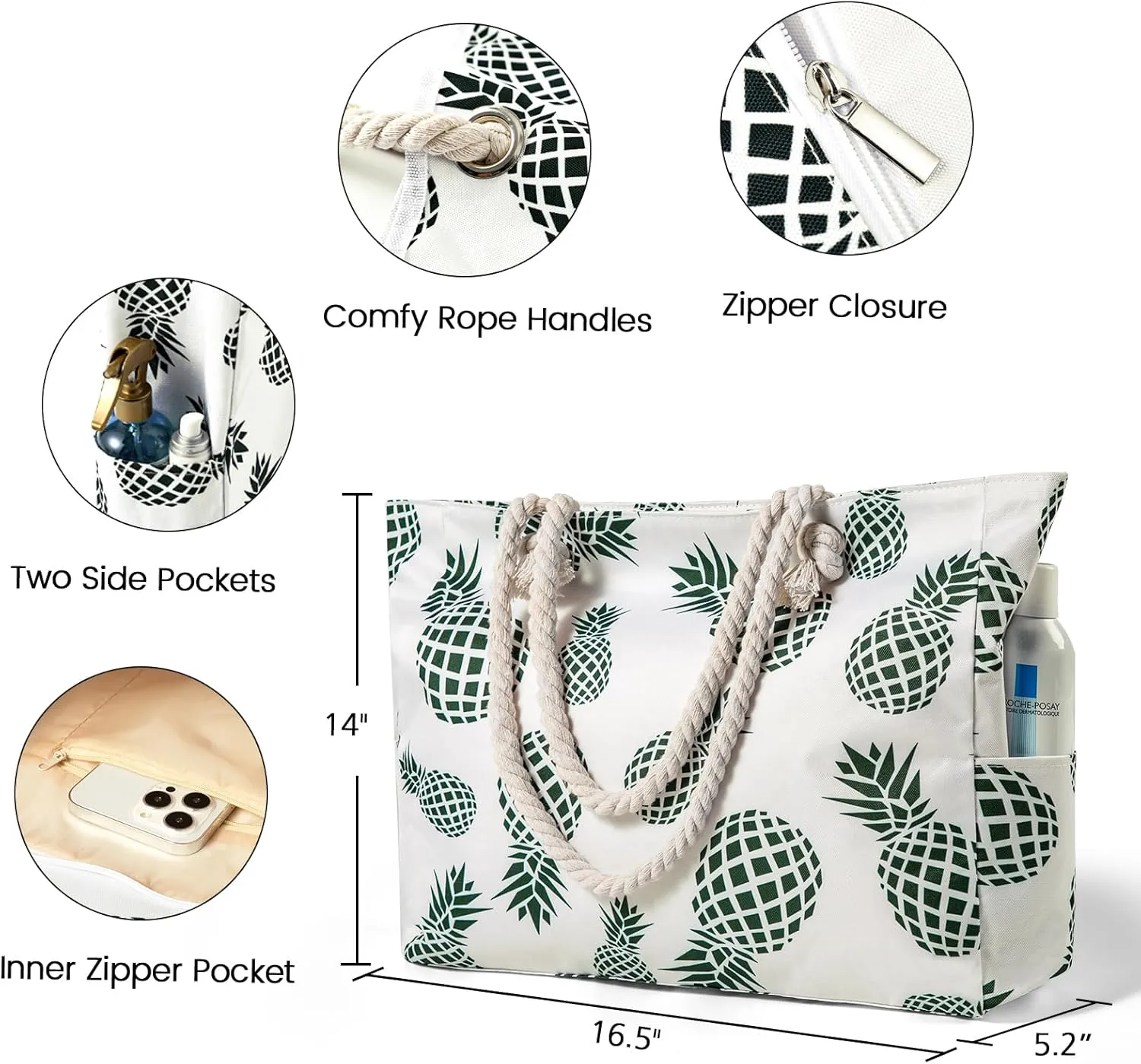 Clothirily Beach Bag for Women - Large Beach Tote Bag, Waterproof Sandproof Beach Bag with Zipper, Large Swim Pool Beach Tote