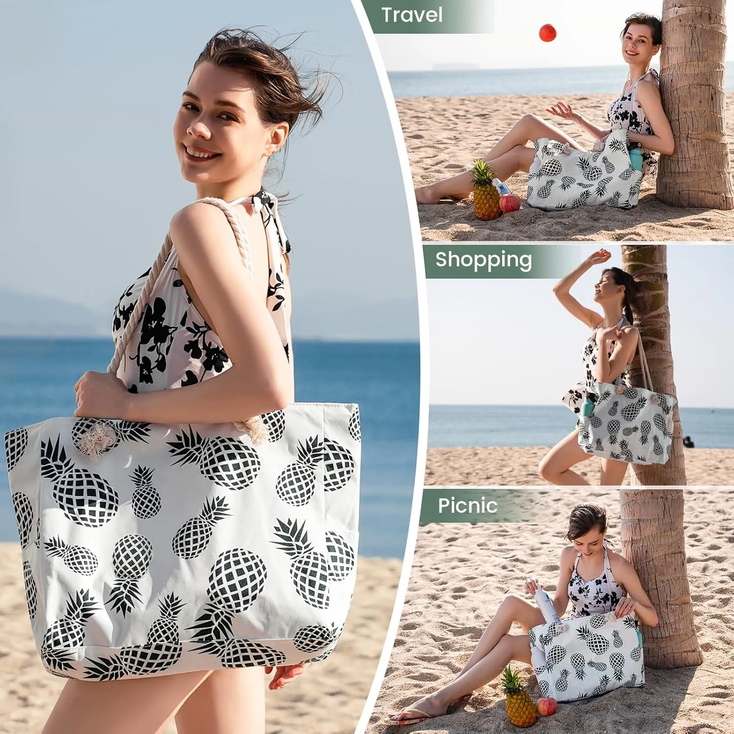 Clothirily Beach Bag for Women - Large Beach Tote Bag, Waterproof Sandproof Beach Bag with Zipper, Large Swim Pool Beach Tote