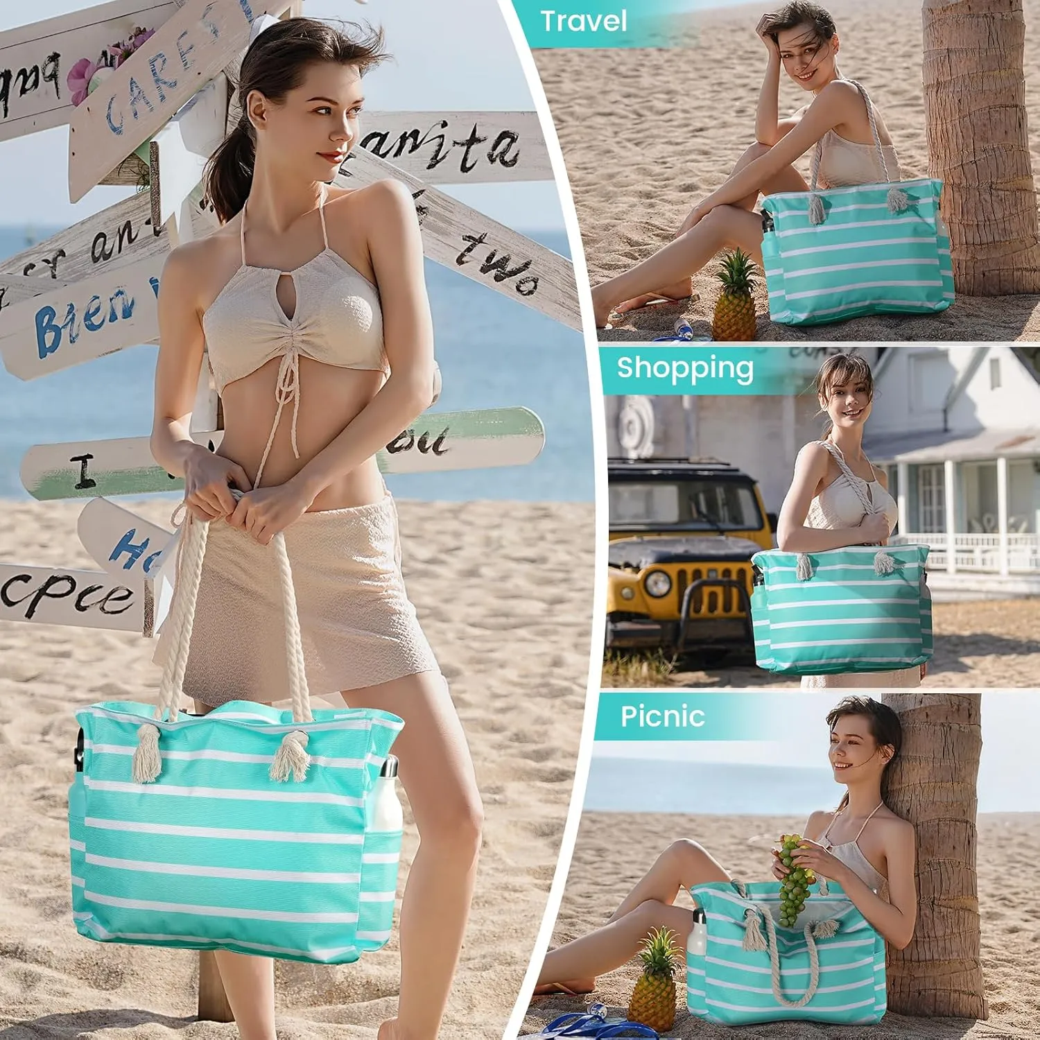 Clothirily Beach Bag for Women - Large Beach Tote Bag, Waterproof Sandproof Beach Bag with Zipper, Large Swim Pool Beach Tote