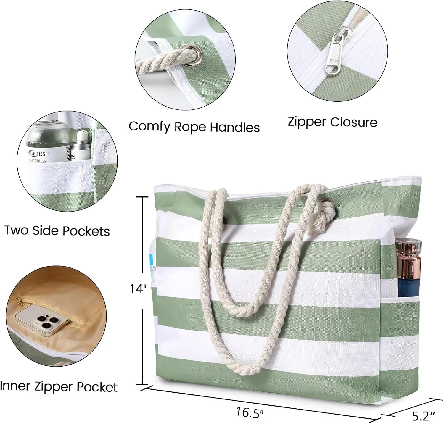Clothirily Beach Bag for Women - Large Beach Tote Bag, Waterproof Sandproof Beach Bag with Zipper, Large Swim Pool Beach Tote