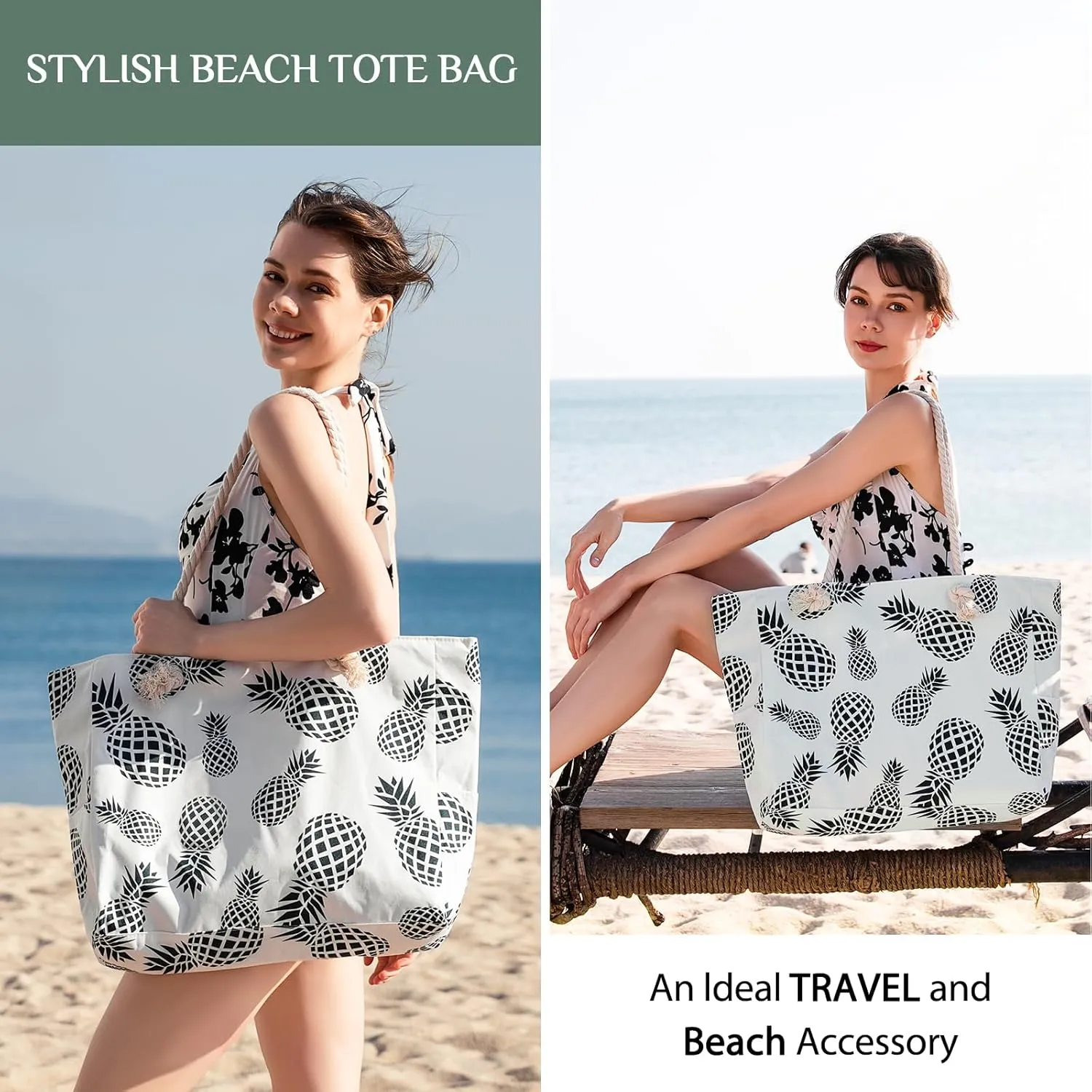 Clothirily Beach Bag for Women - Large Beach Tote Bag, Waterproof Sandproof Beach Bag with Zipper, Large Swim Pool Beach Tote