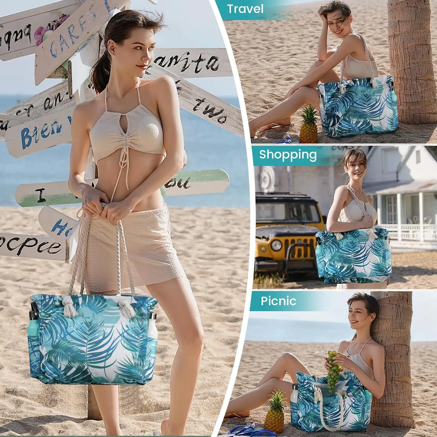 Clothirily Beach Bag for Women - Large Beach Tote Bag, Waterproof Sandproof Beach Bag with Zipper, Large Swim Pool Beach Tote