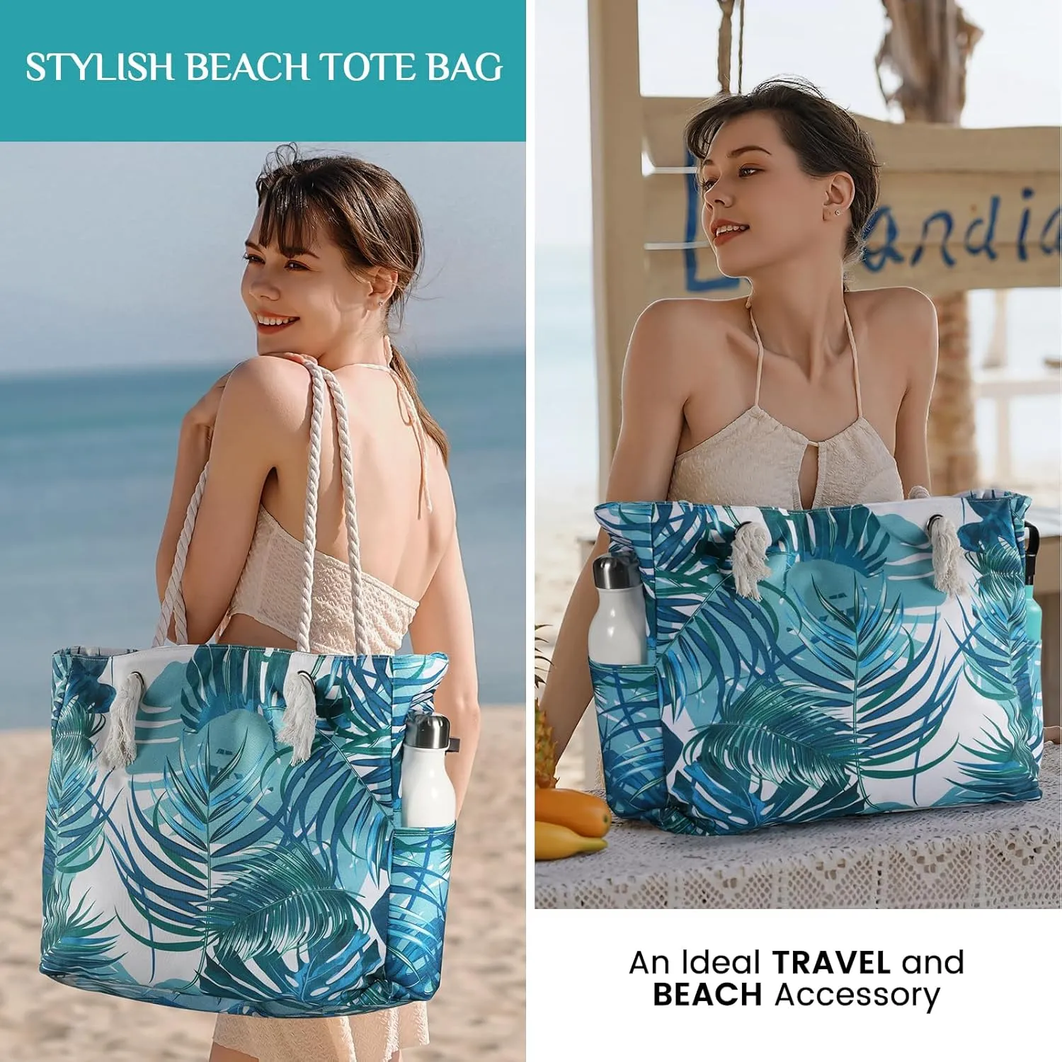 Clothirily Beach Bag for Women - Large Beach Tote Bag, Waterproof Sandproof Beach Bag with Zipper, Large Swim Pool Beach Tote