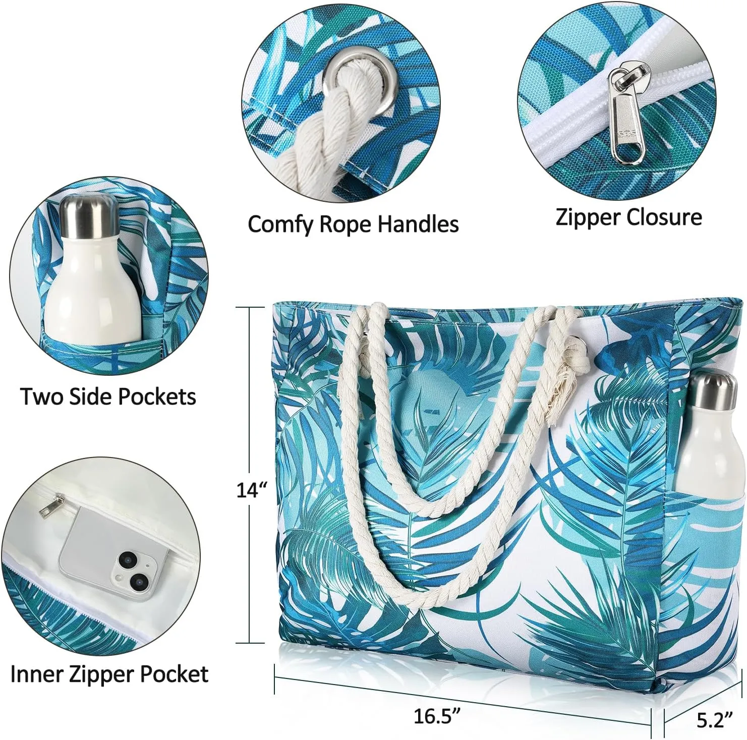 Clothirily Beach Bag for Women - Large Beach Tote Bag, Waterproof Sandproof Beach Bag with Zipper, Large Swim Pool Beach Tote