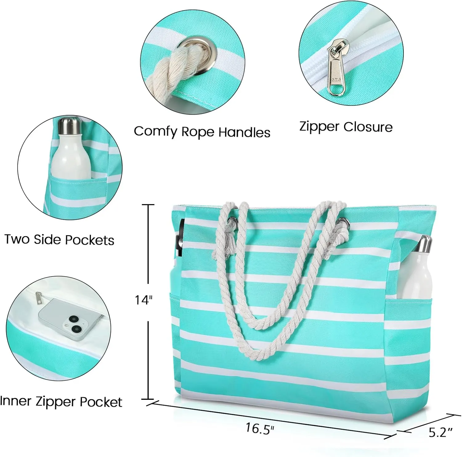 Clothirily Beach Bag for Women - Large Beach Tote Bag, Waterproof Sandproof Beach Bag with Zipper, Large Swim Pool Beach Tote